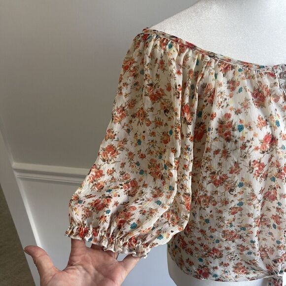 Poetry Large Sheer Ditsy Floral Tie Front Cropped Blouse Dainty Cottage Core - Picture 2 of 10